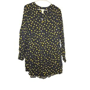HM Womens Navy Blue Yellow Floral V-Neck Cottagecore Tunic  Mini Dress 4
